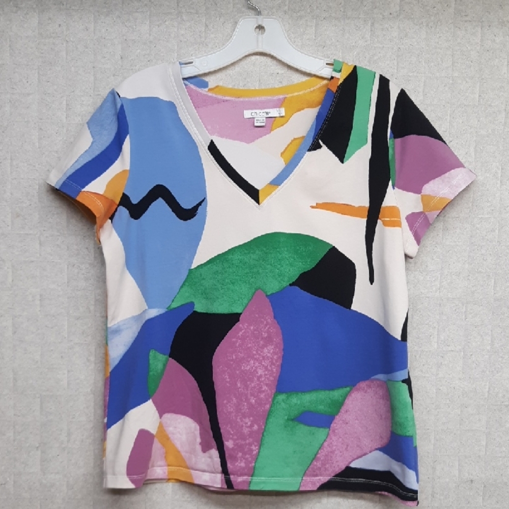 Chico's Multi Colored Geometric Pattern Short Sle… - image 1